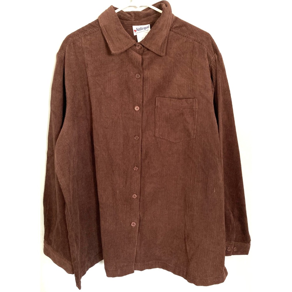 National Shirt Women 3X Brown Corduroy Button Front Collared Long Sleeve Top EUC